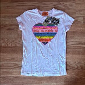 Juicy Couture Women’s Baby Pink Tee with Colorful Heart Design Brand New Sz S